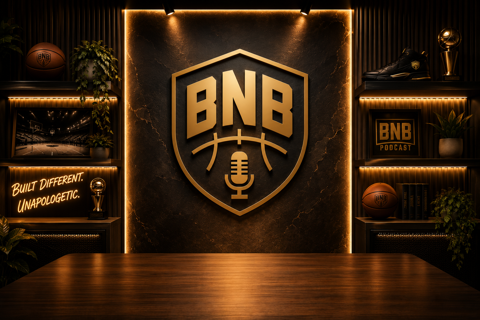 BNB podcast studio backdrop with gold shield logo
